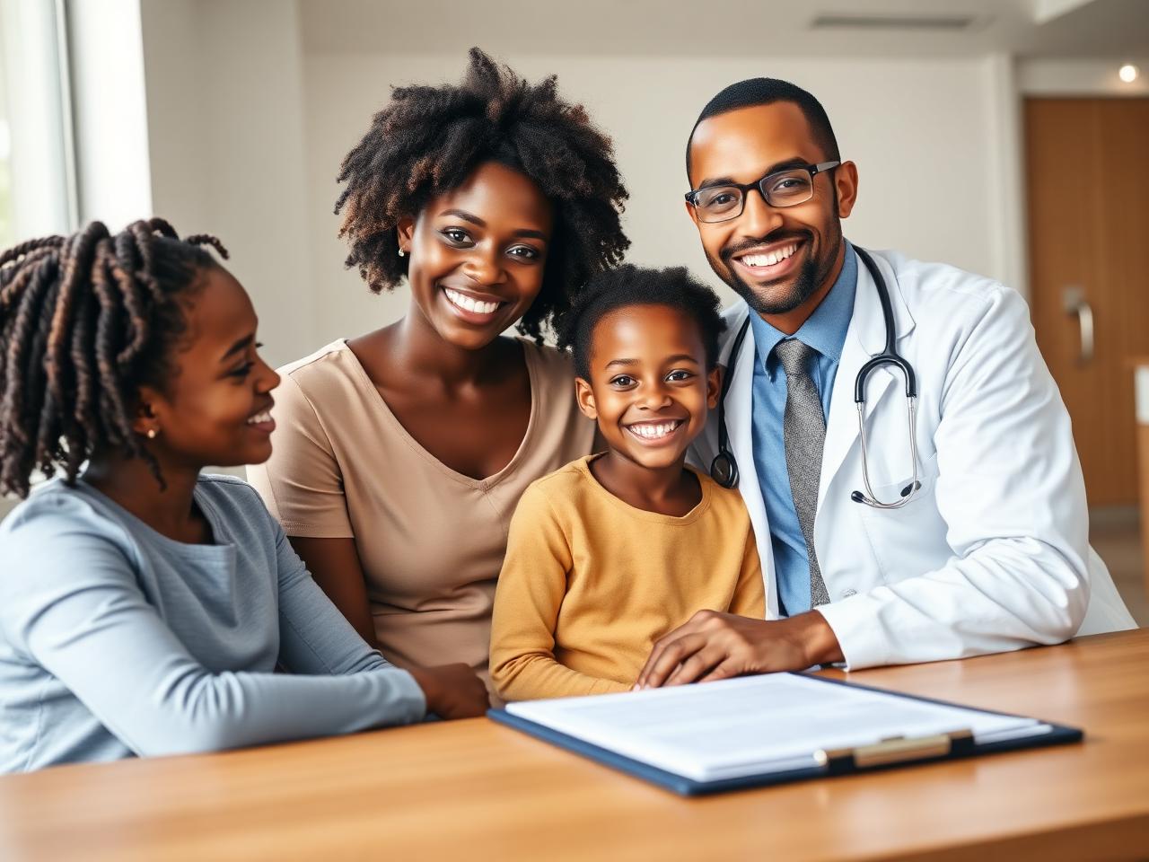 Famille accompagnée par un médecin pour sa mutuelle santé